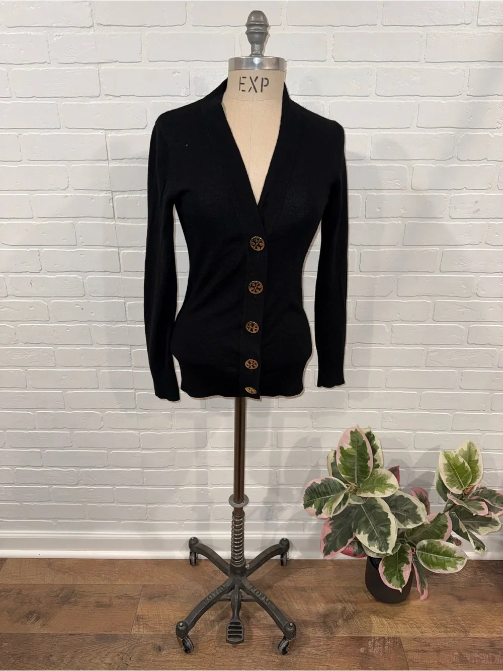 Tory Burch Merino Wool Black Sweater with Oversized Gold Logo Buttons *Flaws